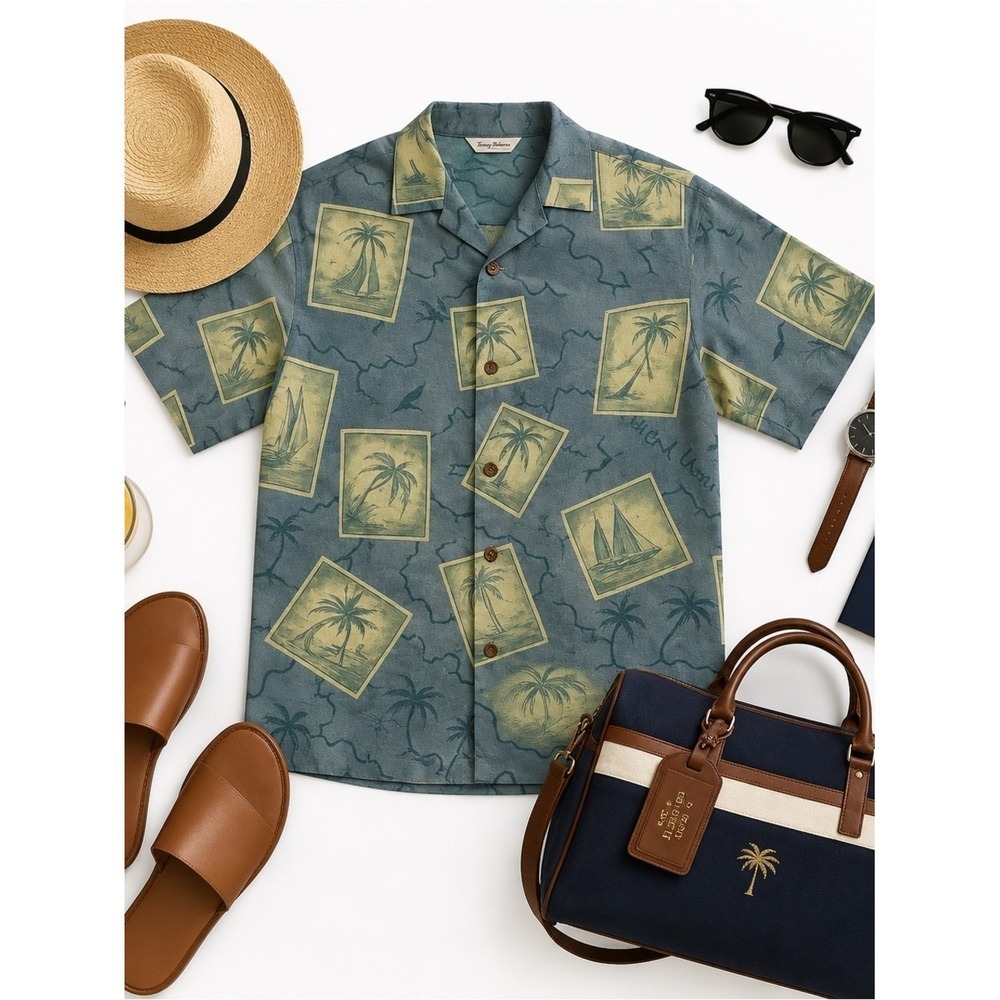 Tommy Bahama Blue Silk Hawaiian Camp Shirt Men's Large Tropical Resort Aloha EUC - Picture 14 of 16
